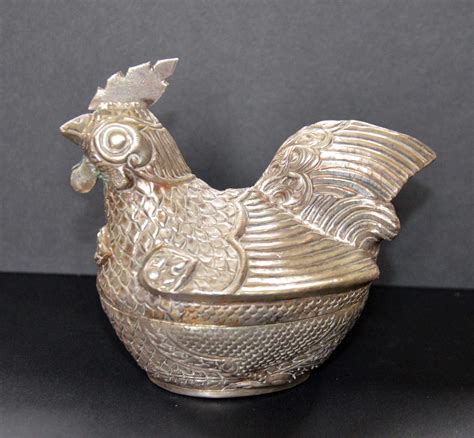 vintage small intricate silver pewter metal chicken trinket box|antique pewter trinkets.